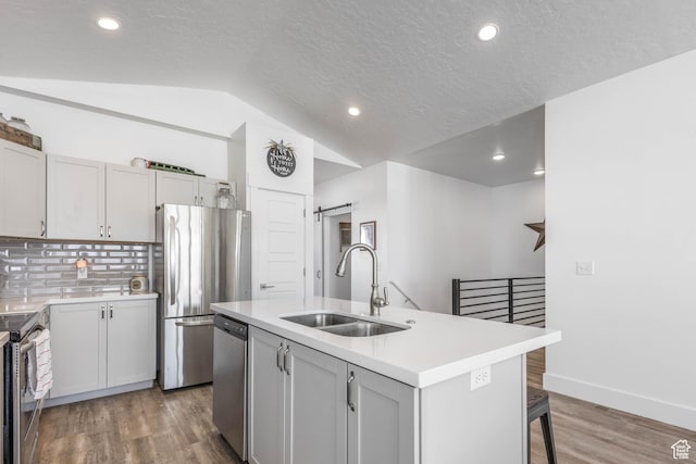 671 W 660 S, Tooele, UT 84074 - kitchen with a sink, stainless steel appliances, light wood-style floors, vaulted ceiling, and an island with sink