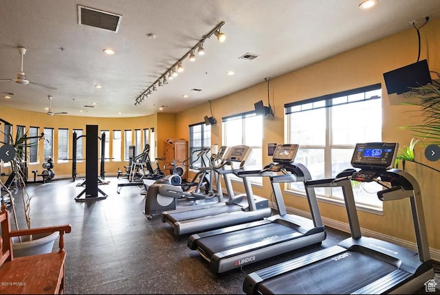 900 Bitner Rd Unit G-32, Park City, UT 84098 - exercise room with visible vents, baseboards, track lighting, and a ceiling fan