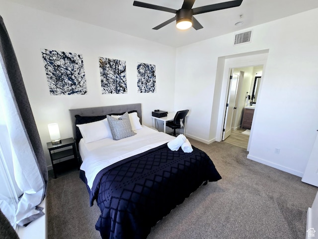 900 Bitner Rd Unit G-32, Park City, UT 84098 - carpeted bedroom with ceiling fan, visible vents, baseboards, and ensuite bath