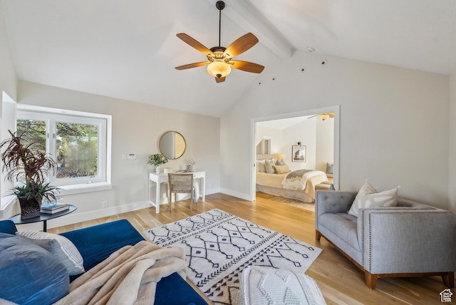 1919 E Baywood Dr, Holladay, UT 84117 - living area with light wood-style flooring, ceiling fan, beamed ceiling, and baseboards