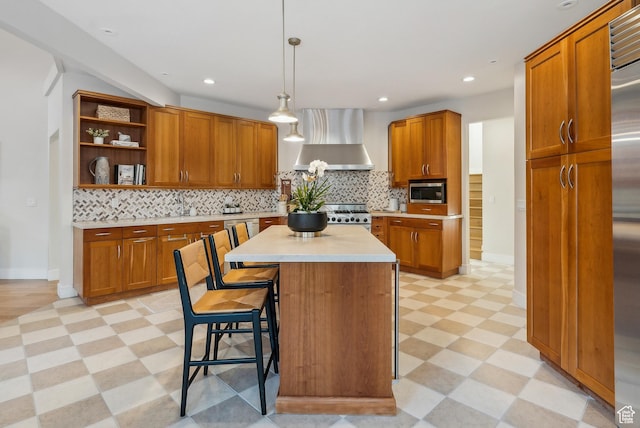 1919 E Baywood Dr, Holladay, UT 84117 - kitchen with stainless steel microwave, light countertops, gas range, wall chimney exhaust hood, and light floors