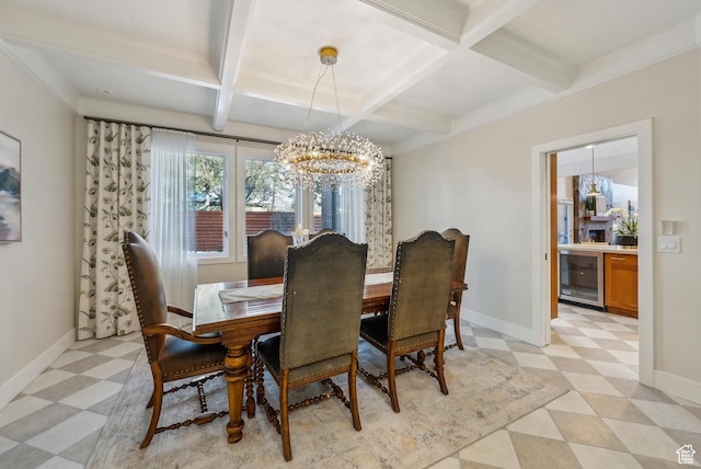 1919 E Baywood Dr, Holladay, UT 84117 - dining room with an inviting chandelier, light floors, beverage cooler, coffered ceiling, and baseboards