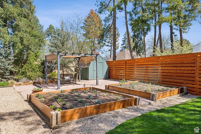1919 E Baywood Dr, Holladay, UT 84117 - view of yard featuring a shed, a pergola, a vegetable garden, fence, and an outbuilding
