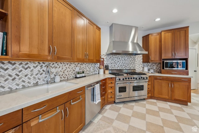 1919 E Baywood Dr, Holladay, UT 84117 - kitchen with wall chimney range hood, brown cabinets, light floors, stainless steel appliances, and a sink