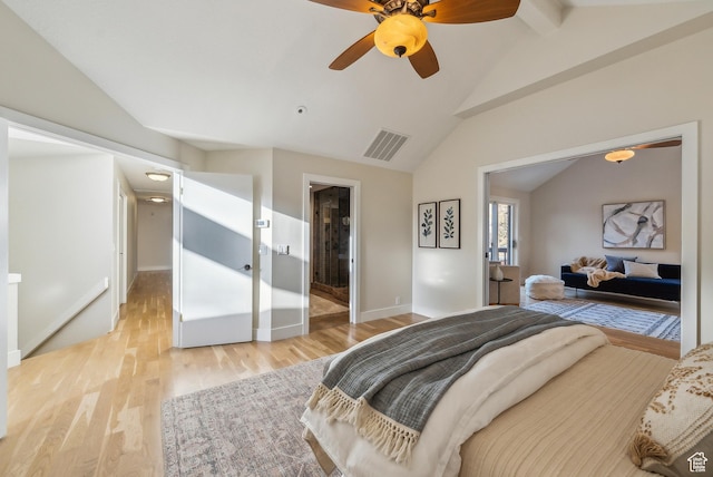 1919 E Baywood Dr, Holladay, UT 84117 - bedroom featuring baseboards, visible vents, ceiling fan, light wood finished floors, and vaulted ceiling with beams