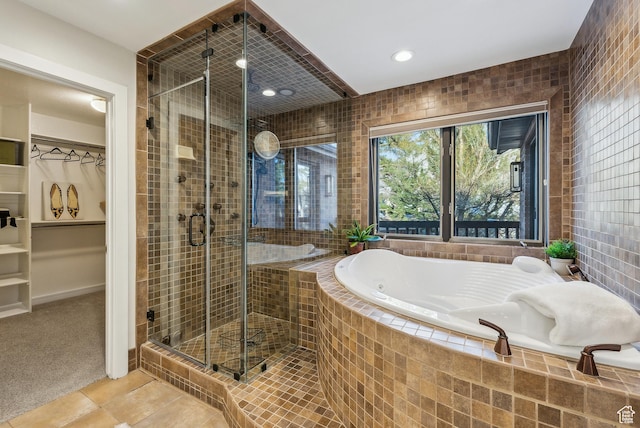 1919 E Baywood Dr, Holladay, UT 84117 - bathroom featuring tile walls, a shower stall, recessed lighting, tile patterned floors, and a garden tub