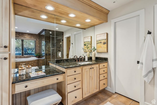 1919 E Baywood Dr, Holladay, UT 84117 - bathroom with a shower stall, tile patterned flooring, vanity, and recessed lighting