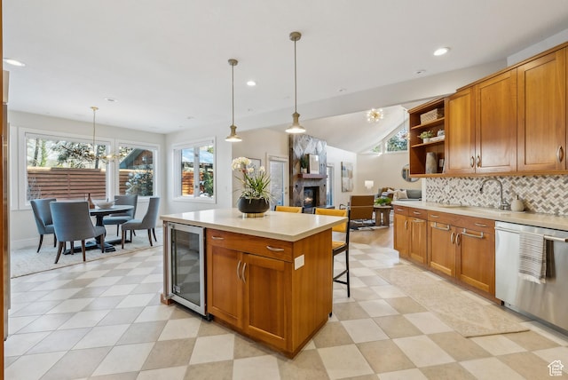 1919 E Baywood Dr, Holladay, UT 84117 - kitchen featuring a glass covered fireplace, open shelves, brown cabinetry, wine cooler, and dishwasher