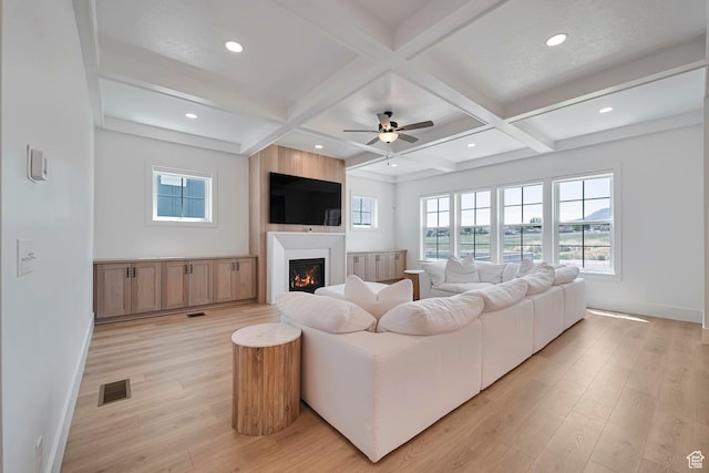 563 W Founders Blvd Unit 90, Saratoga Springs, UT 84045 - living area featuring light wood-style flooring, a ceiling fan, coffered ceiling, baseboards, and beamed ceiling