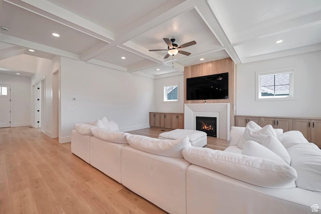 563 W Founders Blvd Unit 90, Saratoga Springs, UT 84045 - living area featuring coffered ceiling, healthy amount of natural light, light wood-style flooring, a ceiling fan, and beam ceiling
