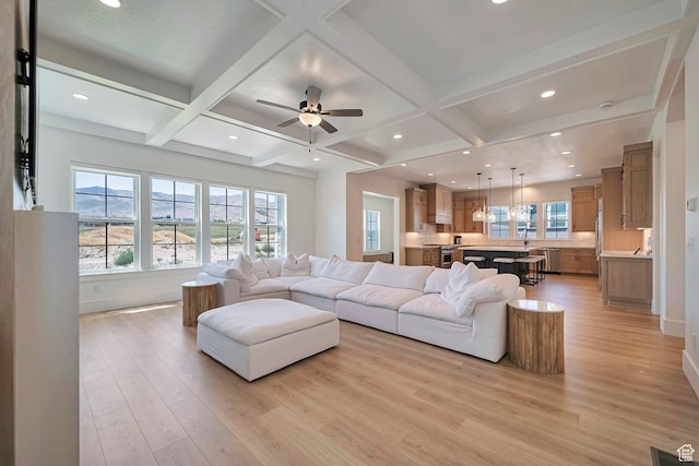 563 W Founders Blvd Unit 90, Saratoga Springs, UT 84045 - living area with light wood finished floors, coffered ceiling, beam ceiling, recessed lighting, and a ceiling fan