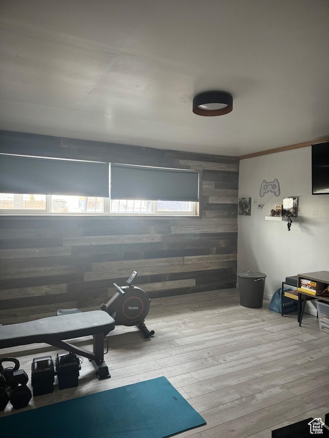 workout room featuring wood finished floors