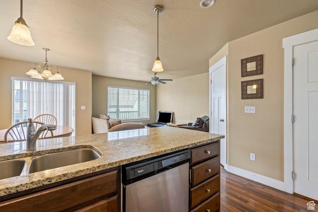 2043 W 1080 N, Provo, UT 84604 - kitchen featuring dark wood finished floors, pendant lighting, dishwasher, a textured ceiling, and a sink
