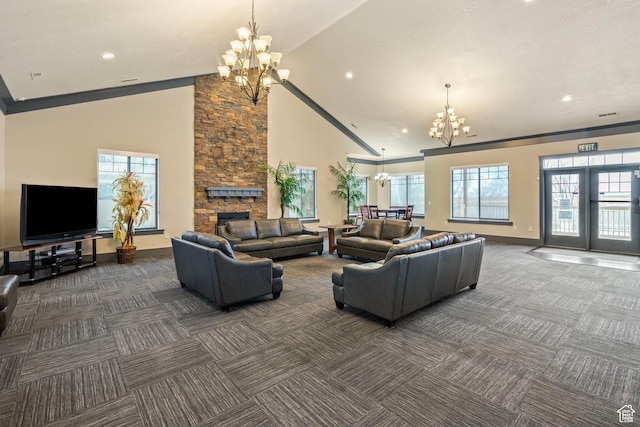 2043 W 1080 N, Provo, UT 84604 - carpeted living area with baseboards, high vaulted ceiling, recessed lighting, a stone fireplace, and a notable chandelier
