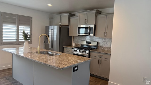 7886 S Fauna Ln W, West Jordan, UT 84081 - kitchen featuring backsplash, a center island with sink, appliances with stainless steel finishes, and gray cabinetry