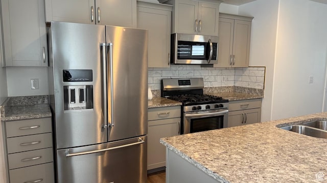 7886 S Fauna Ln W, West Jordan, UT 84081 - kitchen featuring tasteful backsplash, gray cabinetry, appliances with stainless steel finishes, dark wood-style floors, and a sink