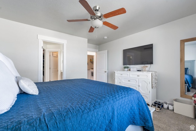 bedroom with carpet floors and a ceiling fan