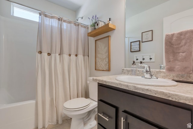 full bath featuring toilet, shower / tub combo with curtain, vanity, and tile patterned flooring