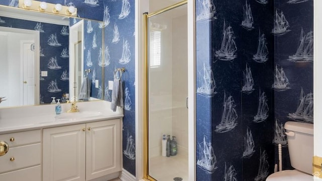 315 Stonehenge, Providence, UT 84332 - full bathroom with a shower stall, wallpapered walls, vanity, and toilet