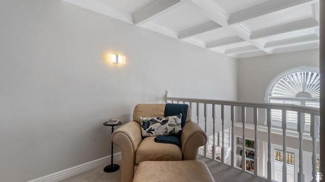 315 Stonehenge, Providence, UT 84332 - sitting room with baseboards, carpet floors, coffered ceiling, and beam ceiling