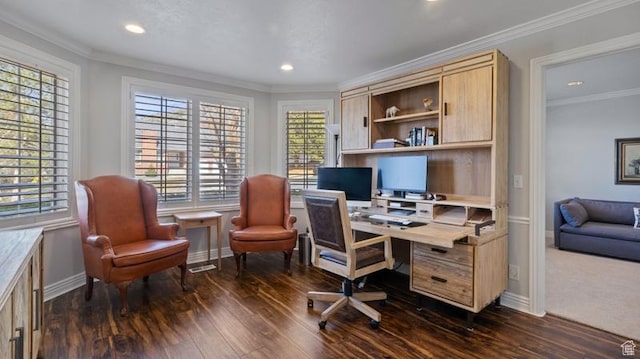 315 Stonehenge, Providence, UT 84332 - office area featuring baseboards, dark wood-style flooring, a wealth of natural light, and ornamental molding