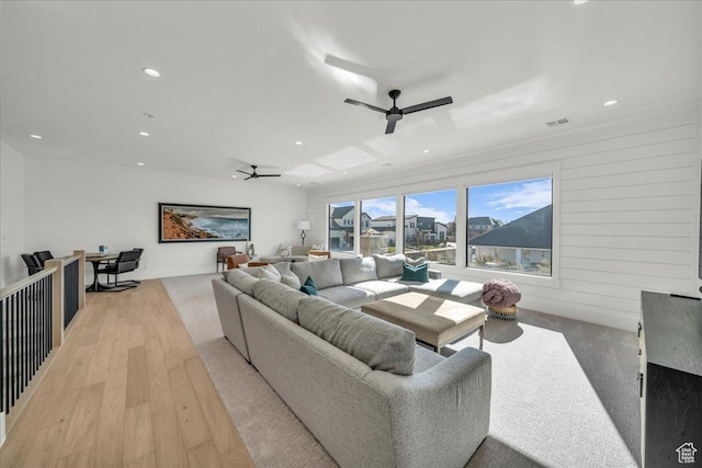 2904 E Stonedale Dr, St George, UT 84790 - living room featuring visible vents, recessed lighting, light wood-style floors, and ceiling fan