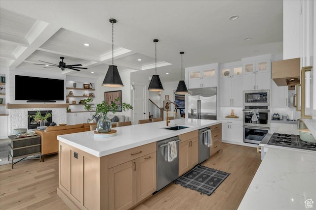 2904 E Stonedale Dr, St George, UT 84790 - kitchen with light wood-type flooring, a sink, coffered ceiling, built in appliances, and ceiling fan