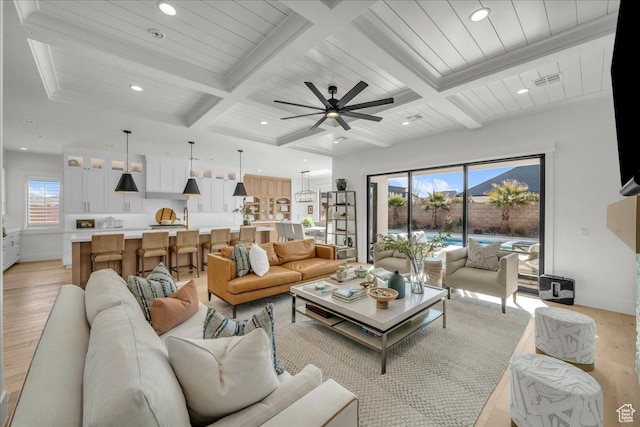 2904 E Stonedale Dr, St George, UT 84790 - living room with light wood finished floors, ceiling fan, beam ceiling, recessed lighting, and coffered ceiling