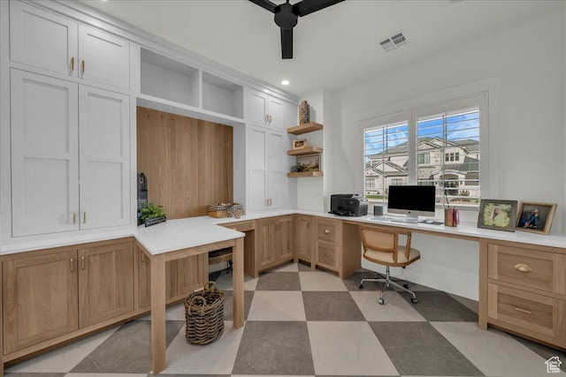 2904 E Stonedale Dr, St George, UT 84790 - home office with visible vents, a ceiling fan, built in desk, recessed lighting, and light floors