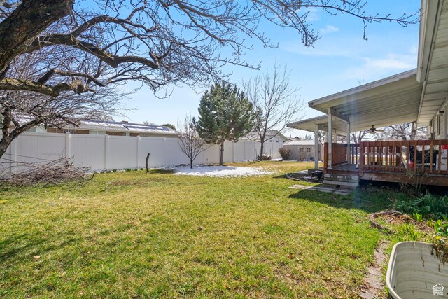view of yard featuring a ceiling fan and a fenced backyard
