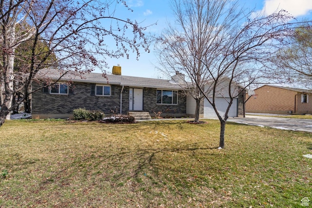 ranch-style house with a garage, brick siding, concrete driveway, and a front yard