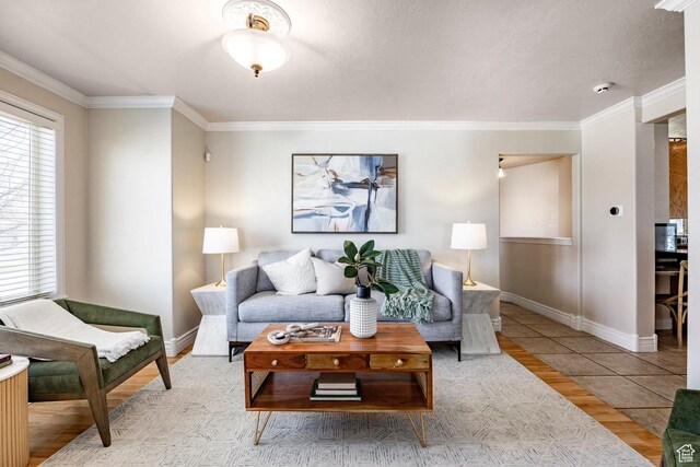 living room featuring light wood-style flooring, baseboards, and ornamental molding