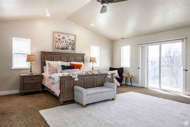 carpeted bedroom featuring visible vents, a ceiling fan, access to outside, baseboards, and lofted ceiling