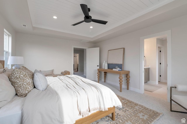 2123 N 520 W, Centerville, UT 84014 - bedroom featuring ensuite bathroom, baseboards, light colored carpet, recessed lighting, and a raised ceiling