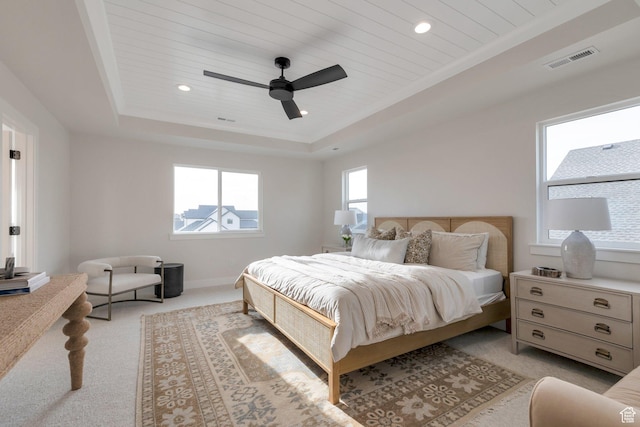 2123 N 520 W, Centerville, UT 84014 - bedroom featuring a ceiling fan, visible vents, light colored carpet, a raised ceiling, and recessed lighting