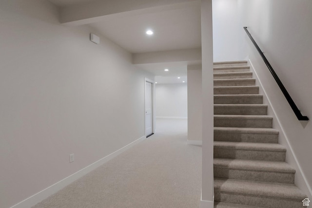 2123 N 520 W, Centerville, UT 84014 - stairs featuring recessed lighting, carpet flooring, baseboards, and beamed ceiling