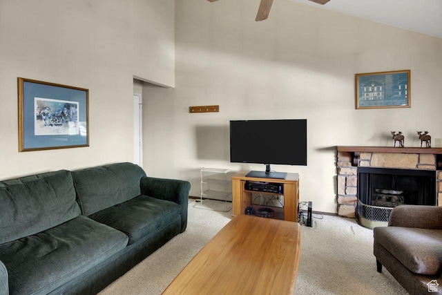 7065 N 2200 W Unit 2W, Summit Park, UT 84098 - living room featuring a fireplace, high vaulted ceiling, carpet, and ceiling fan