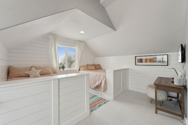 9227 N Horizon Dr, Eagle Mountain, UT 84005 - carpeted bedroom with lofted ceiling and wooden walls