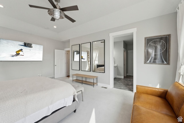 9227 N Horizon Dr, Eagle Mountain, UT 84005 - bedroom featuring a ceiling fan, baseboards, recessed lighting, ensuite bathroom, and light colored carpet