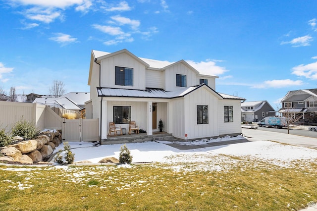 764 E 760 S, Pleasant Grove, UT 84062 - modern farmhouse style home with a gate, fence, covered porch, board and batten siding, and metal roof