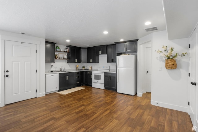 764 E 760 S, Pleasant Grove, UT 84062 - kitchen with white appliances, visible vents, open shelves, light countertops, and dark wood-type flooring
