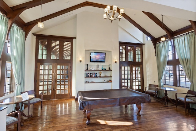 game room with french doors, high vaulted ceiling, wood finished floors, beamed ceiling, and billiards table