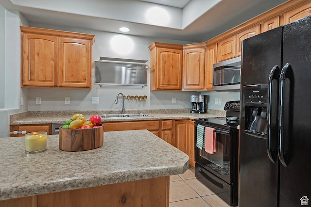 4532 W Cave Run Ln S, South Jordan, UT 84009 - kitchen with black appliances, a sink, light tile patterned flooring, light countertops, and recessed lighting