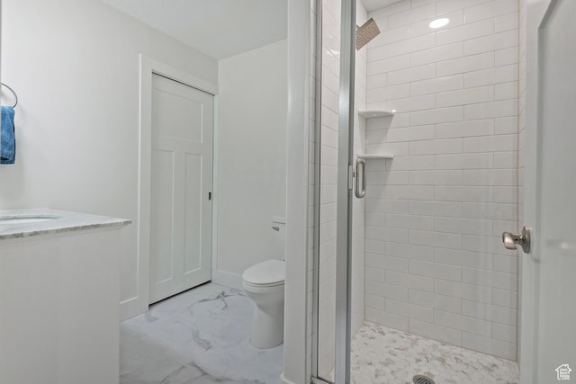 4532 W Cave Run Ln S, South Jordan, UT 84009 - full bathroom featuring a shower stall, marble finish floors, toilet, and vanity