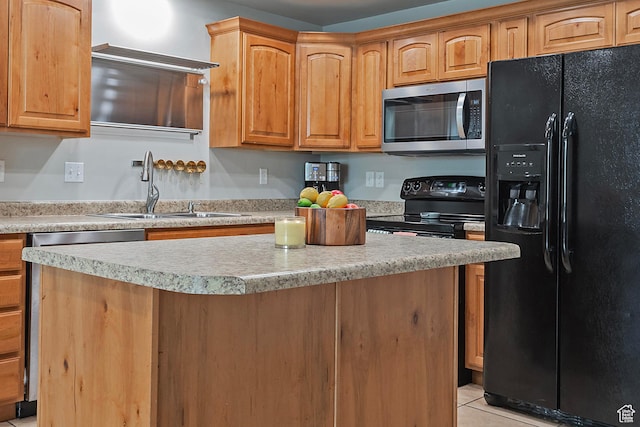 4532 W Cave Run Ln S, South Jordan, UT 84009 - kitchen featuring black appliances, a sink, a center island, light countertops, and light tile patterned flooring
