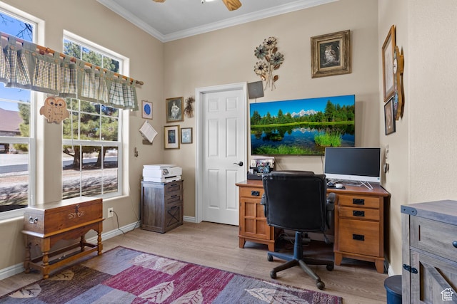 846 S 800 E, New Harmony, UT 84757 - office space with baseboards, a ceiling fan, crown molding, and light wood-style floors