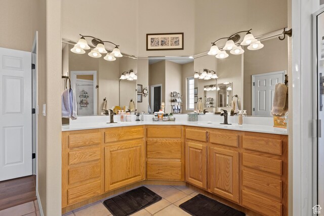 846 S 800 E, New Harmony, UT 84757 - bathroom with tile patterned floors, double vanity, a towering ceiling, and a sink