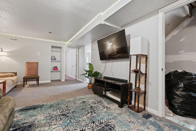 5623 Brandy Wine St, Taylorsville, UT 84118 - living room featuring visible vents, carpet floors, a textured ceiling, and baseboards