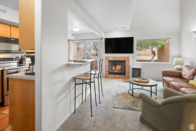 3354 E Fairway Loop, Moab, UT 84532 - living area with a tiled fireplace, baseboards, light colored carpet, and visible vents