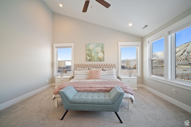 2558 Mountain Glen Rd, Erda, UT 84074 - bedroom featuring multiple windows, light carpet, lofted ceiling, baseboards, and recessed lighting